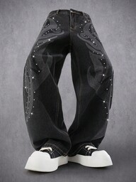 Manfinity Denimwave Streetwear-jeans med lasertotemdesign och strasstvätt, lösa vida ben