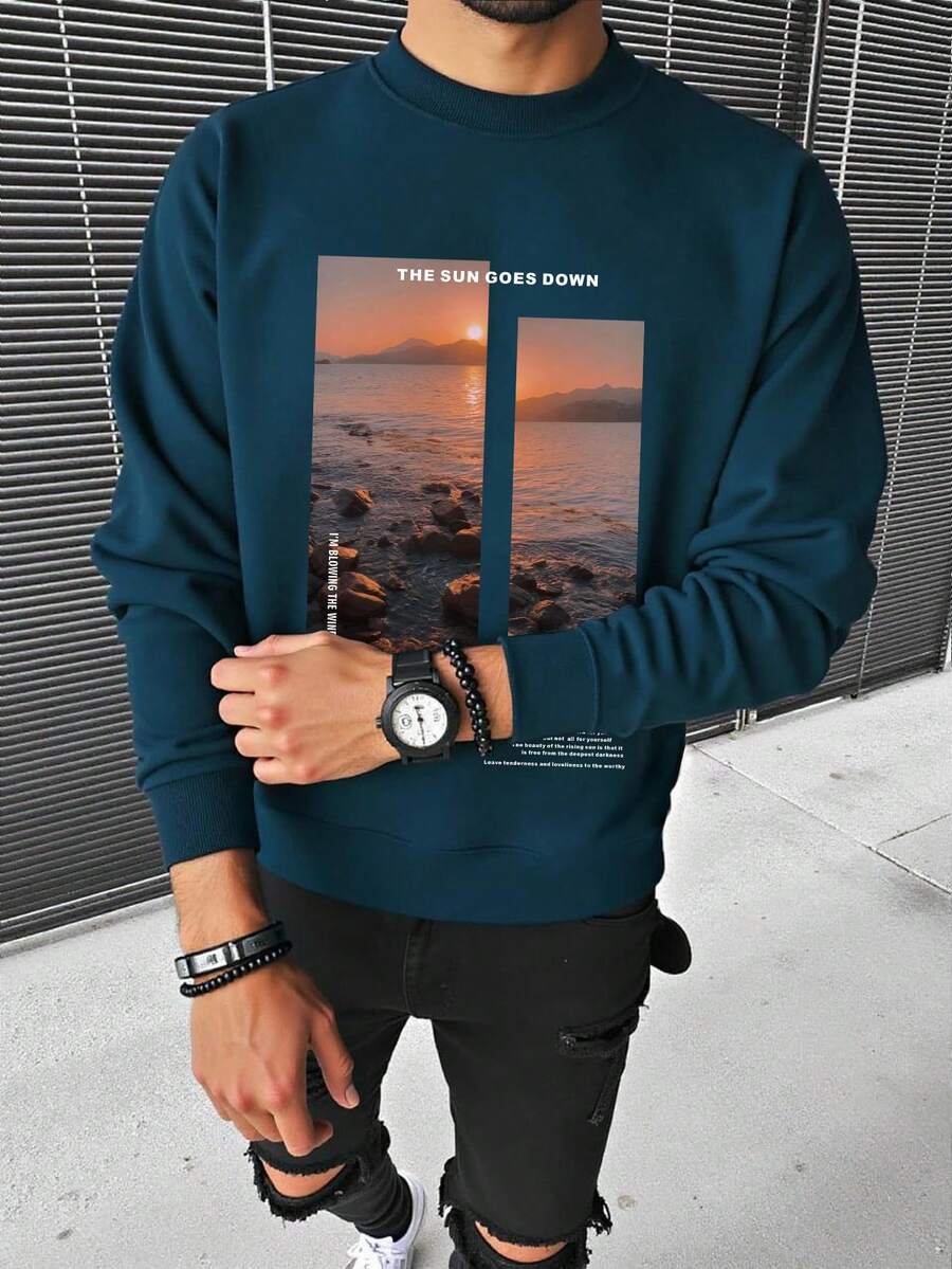 Manfinity Homme 男士印花休闲圆领长袖卫衣 蓝绿色卫衣 男士街头风蓝色图案卫衣 男士图案衬衫 男士蓝色卫衣 - 藍色 - 查看 1