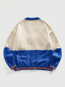 ROMWE MEN Men's Embroidered Patchwork Knit Cardigan - Blue and White - View 2