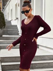 EURMUSE Women's Elegant Solid Color Fitted Knit Dress, Suitable For Commuting, Autumn/Winter Office Going Out Burgundy - Burgundy - View 5