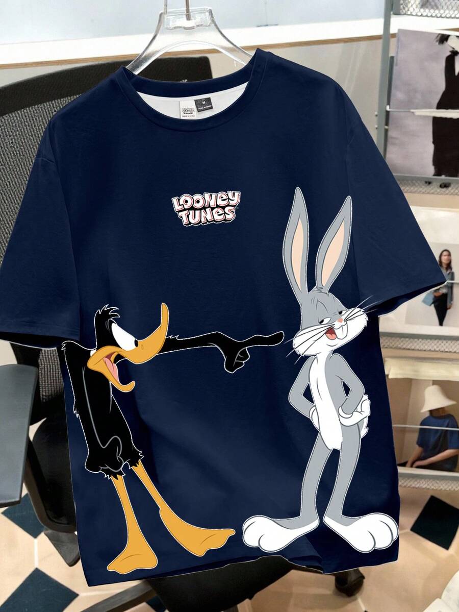 Looney Tunes X Manfinity Manfinity Joysei Men's Casual Cartoon Print Round Neck Short Sleeve T-Shirt - Navy Blue - View 1