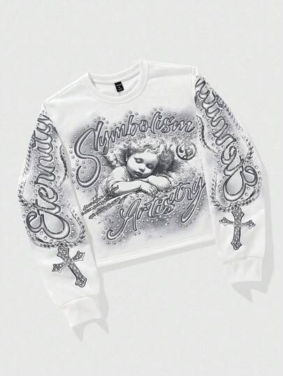Street Life Sudadera de cuello redondo de manga larga con estampado de letras y cruces para adolescentes