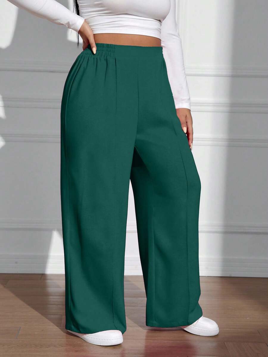 EURMUSE Plus Size Casual Solid Color Elastic Waist Straight Leg Pants, Autumn - Dark Green - View 1