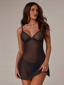 SHEIN BAE 2 pezzi/Set Lingerie in rete sexy e senza fili per donna, incluso un vestito canotta per uscire - nero - Visualizzare 7