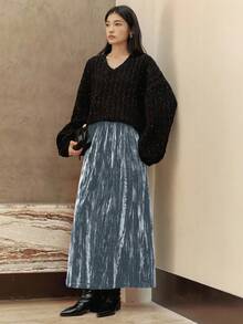 Dazy-Less 女士优雅丝绒半身裙，秋冬商务休闲女装 - 灰色 - 查看 4