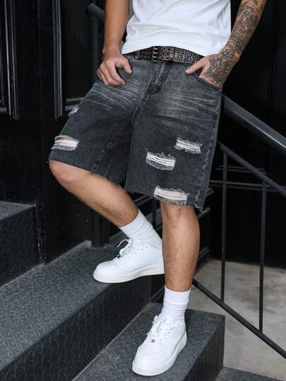 Manfinity LEGND Pantalones cortos de mezclilla gris desgastados y holgados para hombre