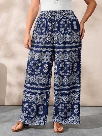 SHEIN Plus Size Retro Print Casual Pants