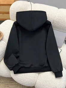 SHEIN Teen Girls Black Fuzzy Hooded Sweatshirt, Thermal Lined Jacket Autumn Winter Clothes For Girl Essentials Hoodie - Black - View 2