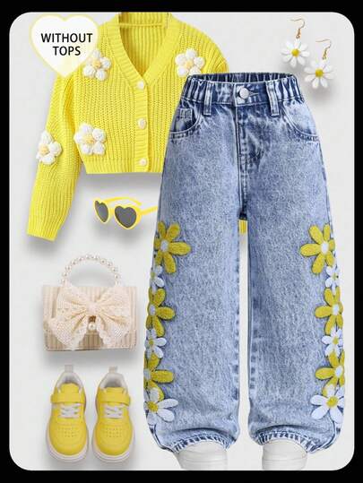 SHEIN 女童时尚贴袋雏菊刺绣阔腿宽松牛仔裤，适合早午餐穿着；女童Y2K复古深灰色水洗3D卡其色雪花牛仔裤，适合学校、校园、秋冬季节穿着；时尚童裤；复古水洗牛仔裤，适合女孩穿着；时尚雪花水洗做旧刺绣喇叭裤；向日葵女童时尚休闲爱心刺绣宽松直筒牛仔裤