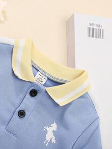 SHEIN 男童撞色独角兽马印花长袖POLO衫，休闲校园风，秋冬款 - 彩色 - 查看 4