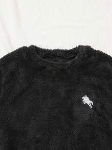 Teenage Boys' Solid Dark Grey Fleece Long Sleeve Top And Pants Set, Minimalist White Embroidered Casual Pajama Loungewear Set