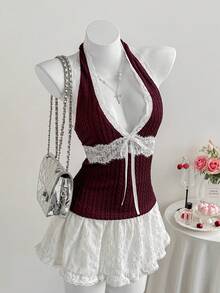 Comfortcana Women's Y2K Contrast Lace Bowknot Decor Deep V Sexy Halter Neck Top New Year's,Red Top - Red - View 4
