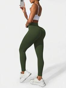 Slayform Leggings aderenti senza cuciture in vita alta per donne - Morbidi al tatto, elastici, traspiranti e ad asciugatura rapida, con elasticità a 4 vie, adatti per corsa, ciclismo, yoga, pickleball, esercizi e uso casual - Verde militare - Visualizzare 2