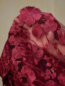 Aveloria Rosie Fashionable & Versatile 3D Floral Decor Fabric Sleeveless Slip Dress, European Style For Autumn/Winter - Burgundy - View 7