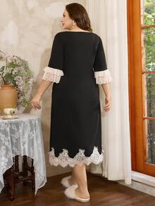 Côtesoire Váy ngủ rộng rãi, thoải mái, cổ chữ V, hai lớp, dáng rộng, cỡ lớn, màu sắc tương phản lãng mạn kiểu Pháp, viền ren xếp nếp phóng đại, ren quyến rũ, chắp vá - màu đen - Xem 2