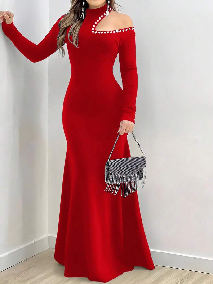 Zyxie Đầm cổ đứng đính đá hở vai ôm sát gợi cảm, váy dài tay thanh lịch dành cho nữ - Đỏ - Xem 1