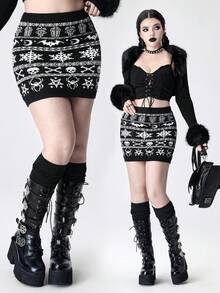 ROMWE Gothic Skull Intarsia Knit Bodycon Mini Skirt, Suitable For Winter & Christmas - Black and White - View 1