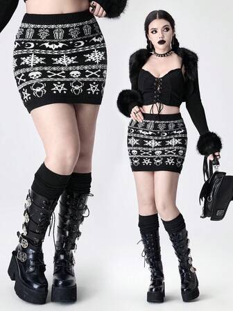 Gothic Skull Intarsia Knit Bodycon Mini Skirt, Suitable For Winter & Christmas