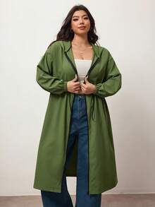 Enliva Women's Solid Drawstring Hooded  Long Sleeve Trench Coat Plus Size Hooded Jacket Plus Size Curve Fall Jacket Plus Size Olive Green Fall Jacket For Women, Winter, For Apple Rounded Body Shape - Army Green - View 5