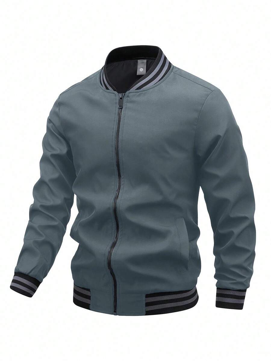 Manfinity Homme Loose Fit Men's Striped Trim Zip-Up Varsity Jacket - Grey - View 1