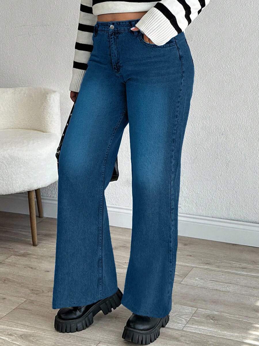 EURMUSE JEAN RECTO DE TALLA GRANDE CON DOBLADILLO DESHILACHADO DE TIRO ALTO - Azul - Ver 1