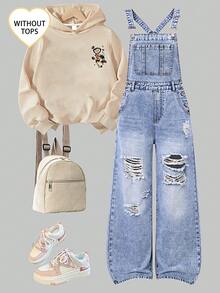 SHEIN Bộ đồ liền thân denim mềm mại thoải mái, họa tiết trái tim, cầu vồng thời trang mới cho bé gái tuổi teen - Rửa trung bình - Xem 11