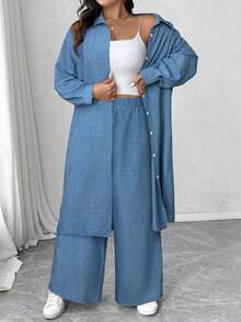 SHEIN Elenzya Plus Size Pleated Textured Fabric Collared Long Sleeve Long Shirt And Loose Straight Leg Pants Casual Outfit, 2pcs Set - Blue - View 4