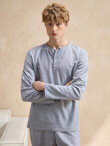 EverLounge Men's Casual Henley Neck Loungewear Set, Autumn/Winter - Grey - View 5