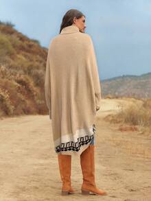 Freevana Plus Size Women Geometric Jacquard Batwing Sleeve Loose Turtleneck Sweater, Autumn/Winter - Multicolor - View 2
