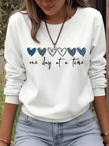 EMERY ROSE Heart Pattern Round Neck Long Sleeve Minimalist Fashion Plus Size Sweatshirt Pullover Fall Winter Autumn - White - View 1