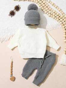 SHEIN 3件套婴儿医院入院公告服，适合1-3个月宝宝，针织上衣和裤子，含帽子，新生儿拍照道具，中性婴儿回家服 - 彩色 - 查看 3