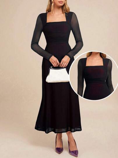 Amorya Vestido elegante de mujer de cuello cuadrado, manga larga y silueta evasé, color morado, adecuado para fiestas, otoño/invierno