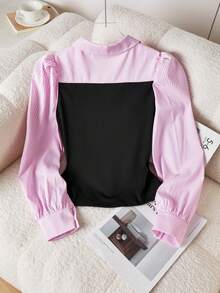 SHEIN Streelcool 条纹拼接女式衬衫，泡泡袖，灯笼袖口，适合春秋季日常通勤、休闲和度假穿着。 - 彩色 - 查看 2
