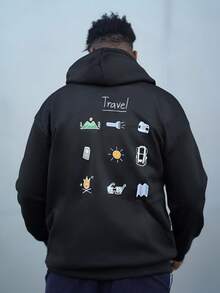 Heavens Edit 男士户外探险元素印花抽绳连帽卫衣，开学季，秋冬 - 黑色 - 查看 4