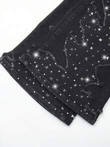 ROMWE MEN Men's High Waist Fashionable Rhinestone Embellished Casual Jeans - Black - View 3