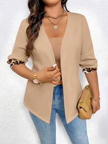 EMERY ROSE Plus Size Women Casual Long Sleeve Blazer Jacket With Leopard Print Patchwork - Khaki - View 4