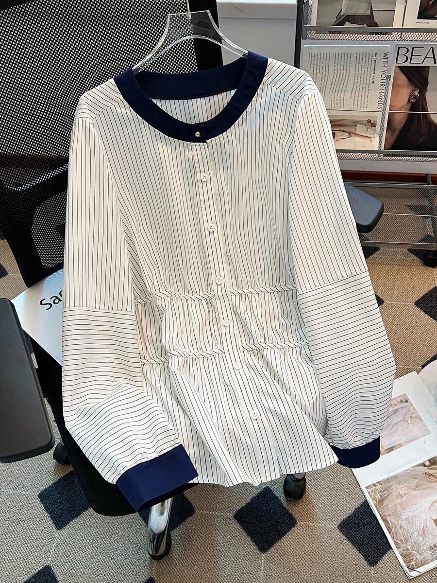 GlowEve CURVE Plus Size Casual Everyday Striped Front Button Shirt, Autumn - White - View 1