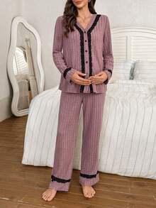 2 piezas Conjunto de pijama de lactancia con camisa de botones y pantalones, con parches de encaje y costillas cepilladas, ropa de estar en casa para maternidad, invierno - Rosa vieja - Ver 7