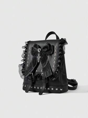 Goth Mochila de moda con estilo punk para mujer con decoración de lazo y remaches