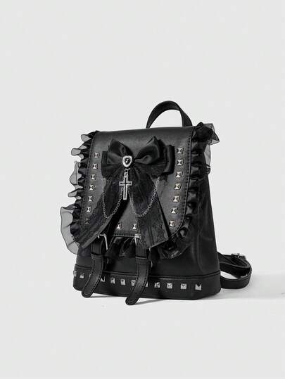 Goth Women's Punk Style Fashion Backpack With Bow Rivet Decor