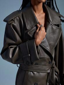 Aveloria GENKIRA Retro Style Notched Collar Double-Breasted Long Trench Coat - Army Green - View 7
