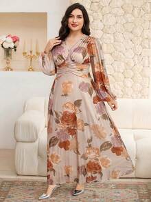 Modelyn 大码优雅派对花卉印花连衣裙 - 淺粉色 - 查看 5