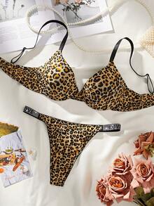 2PCS/Set Women Sexy Push Up Underwire Bras Low Rise Rhinestone Decor V-String Panty Lingerie Set Sexy Leopard Print Bra And Thong Set - Multicolor - View 2