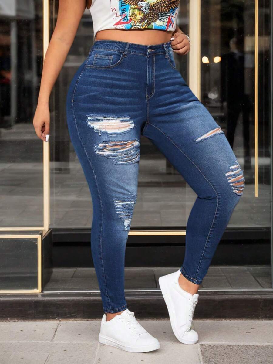 大码牛仔裤 - 藍色 - 查看 1