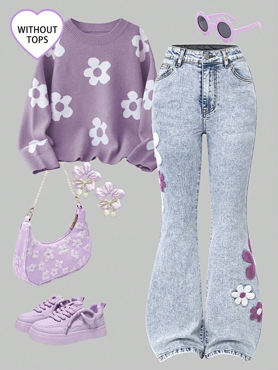 SHEIN ChillGRL Teen GirlFashion Personalized All-Season Versatile Black Applique 3D Embroidery, Distressed Blue Flare Jeans, Skinny High Stretch Denim Pants Girl Clothes Tween Girls Jeans Purple Purple Outfits Teen - Light Wash - View 1