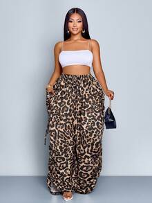 SOLERSUN 大码豹纹褶皱抽绳腰休闲宽松阔腿裤，女士直筒休闲裤，宽松豹纹裤，豹纹裤，文艺复兴集市，酒红色，返校季，闺蜜购物，万圣节，毕业季，新年，除夕，秋季，春季，夏季，冬季，四季皆宜 - 棕色 - 查看 4