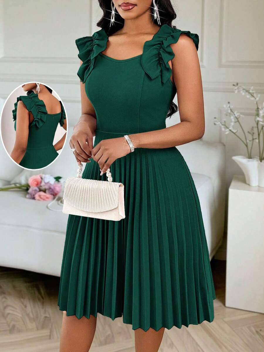SHEIN Lady Váy ngắn thanh lịch viền bèo nhún vai màu trơn dành cho nữ - màu xanh lá - Xem 1