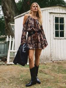 Freevana Women's All-Over Print Ruffle Hem Casual Vacation Long Sleeve Midi Dress Western Boho Summer Clothes Women Short Sets For Women - Coffee Brown - View 3