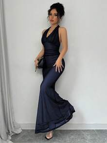Rafferiza Đầm dài bodycon đuôi cá cổ chữ V xếp ly lưới lót màu đỏ hồng thanh lịch dành cho nữ, mùa thu/đông - Màu xanh hải quân - Xem 6