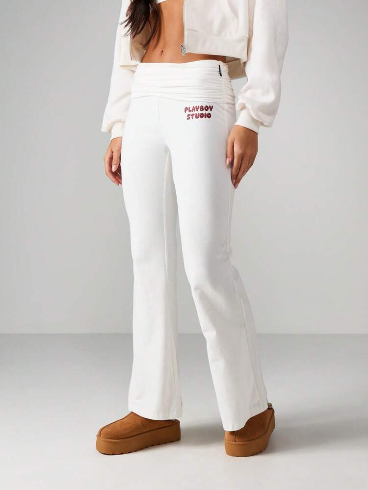 Missguided x Playboy Fold Over Waist Flare Branded Joggers For Women Casual High Rise Wide Leg Pants